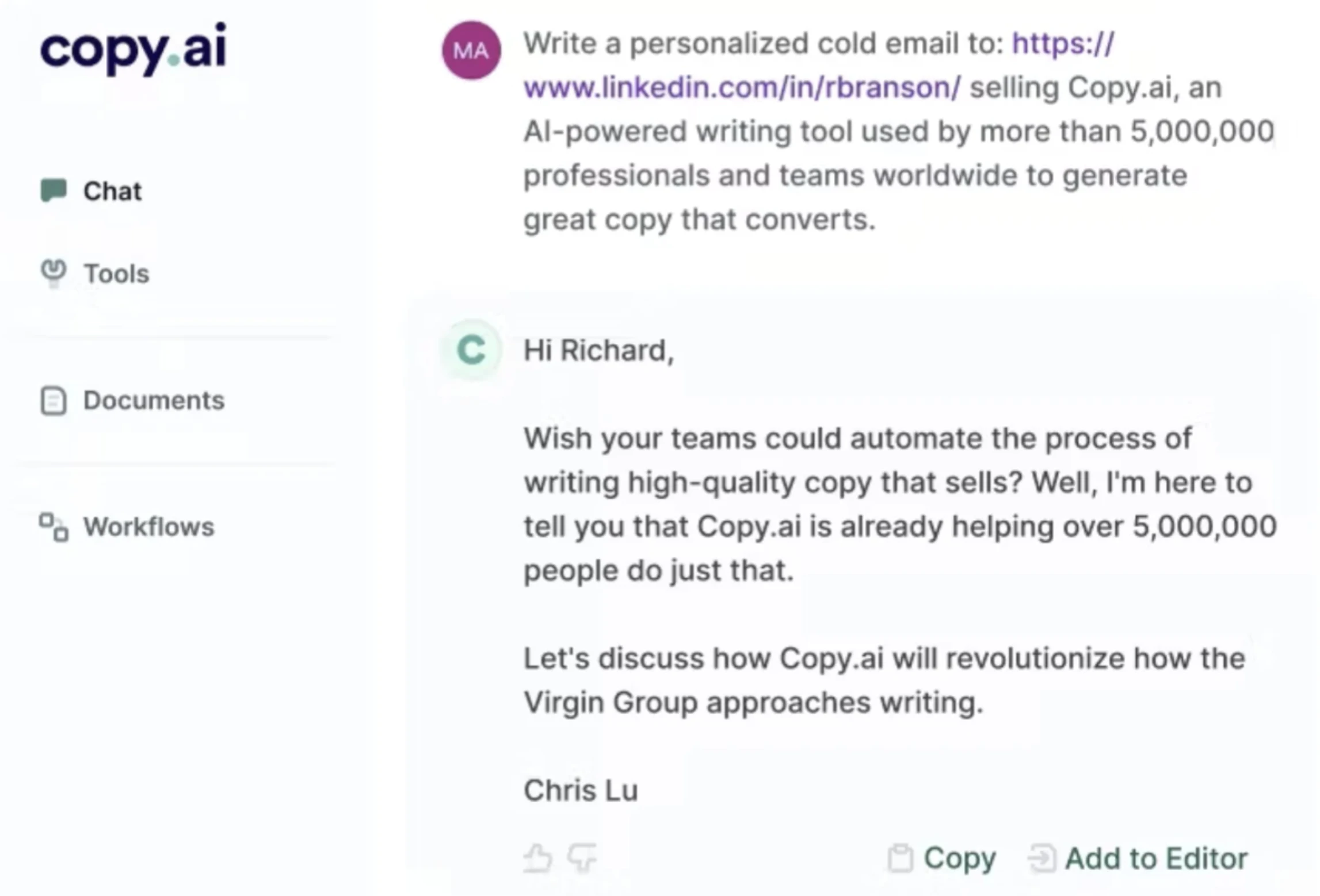 Copy.ai personalized cold email generation using AI in sales