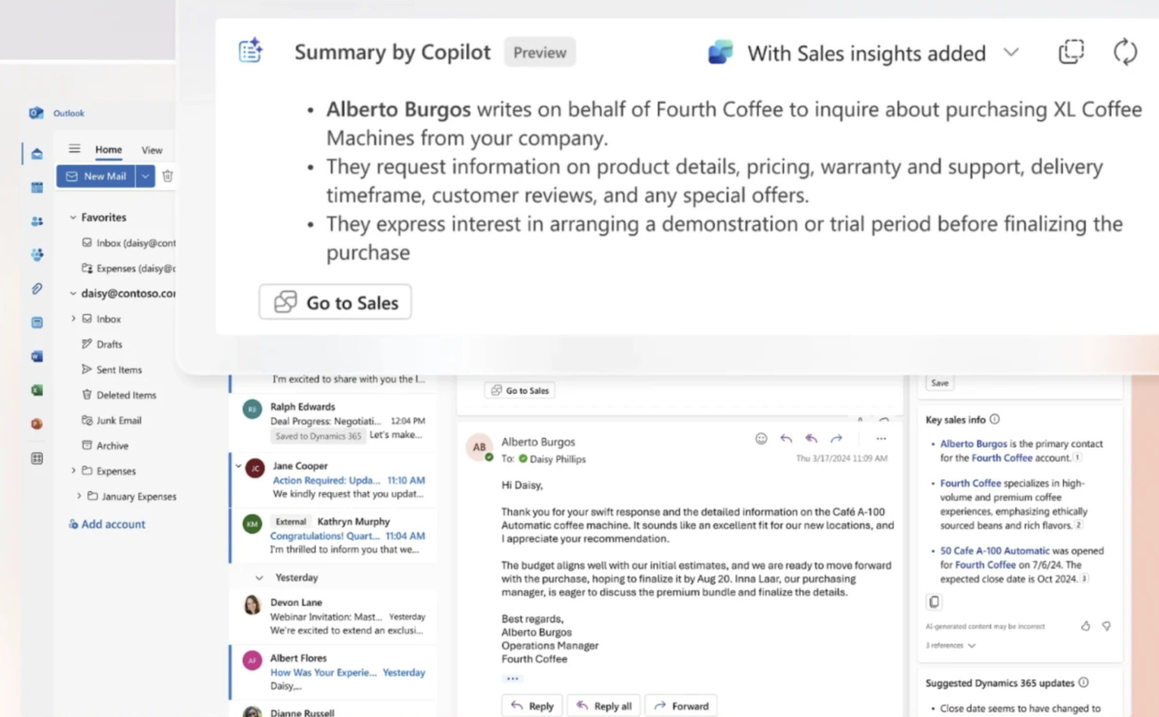Email generation and summary feature of Microsoft Copilot for Sales.