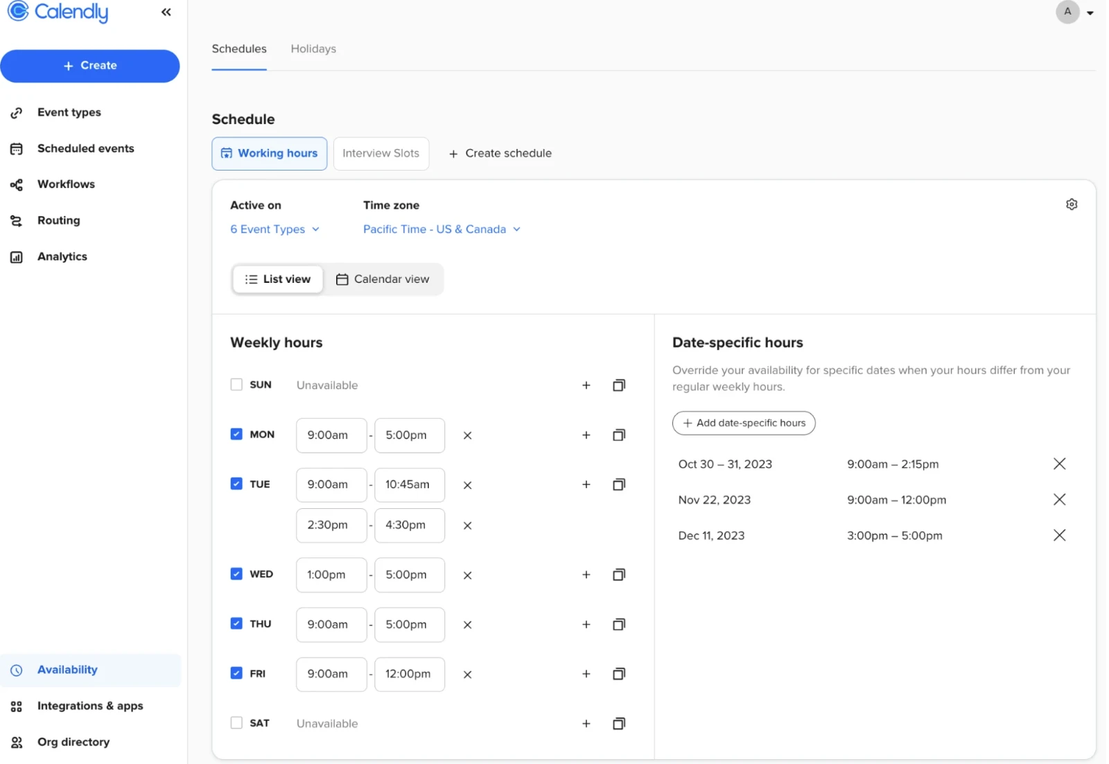 Painel de agendamento de eventos do Calendly