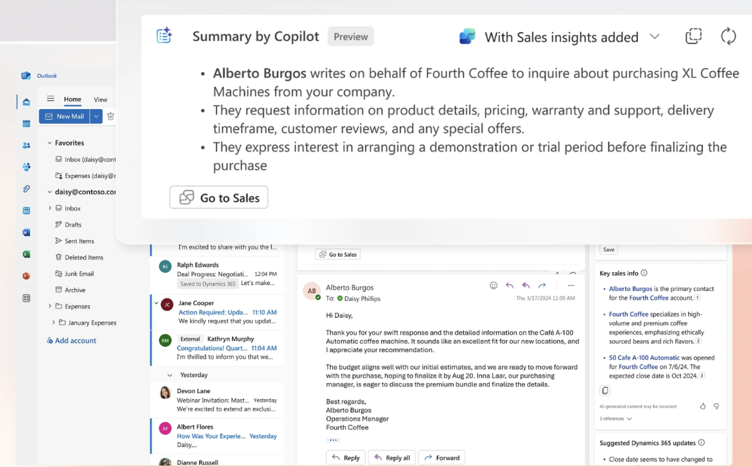 Recurso de geração e resumo de e-mails do Microsoft Copilot for Sales.
