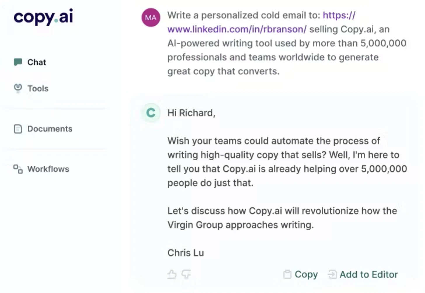 Copy.ai gera e-mails de prospecção personalizados usando IA em vendas.