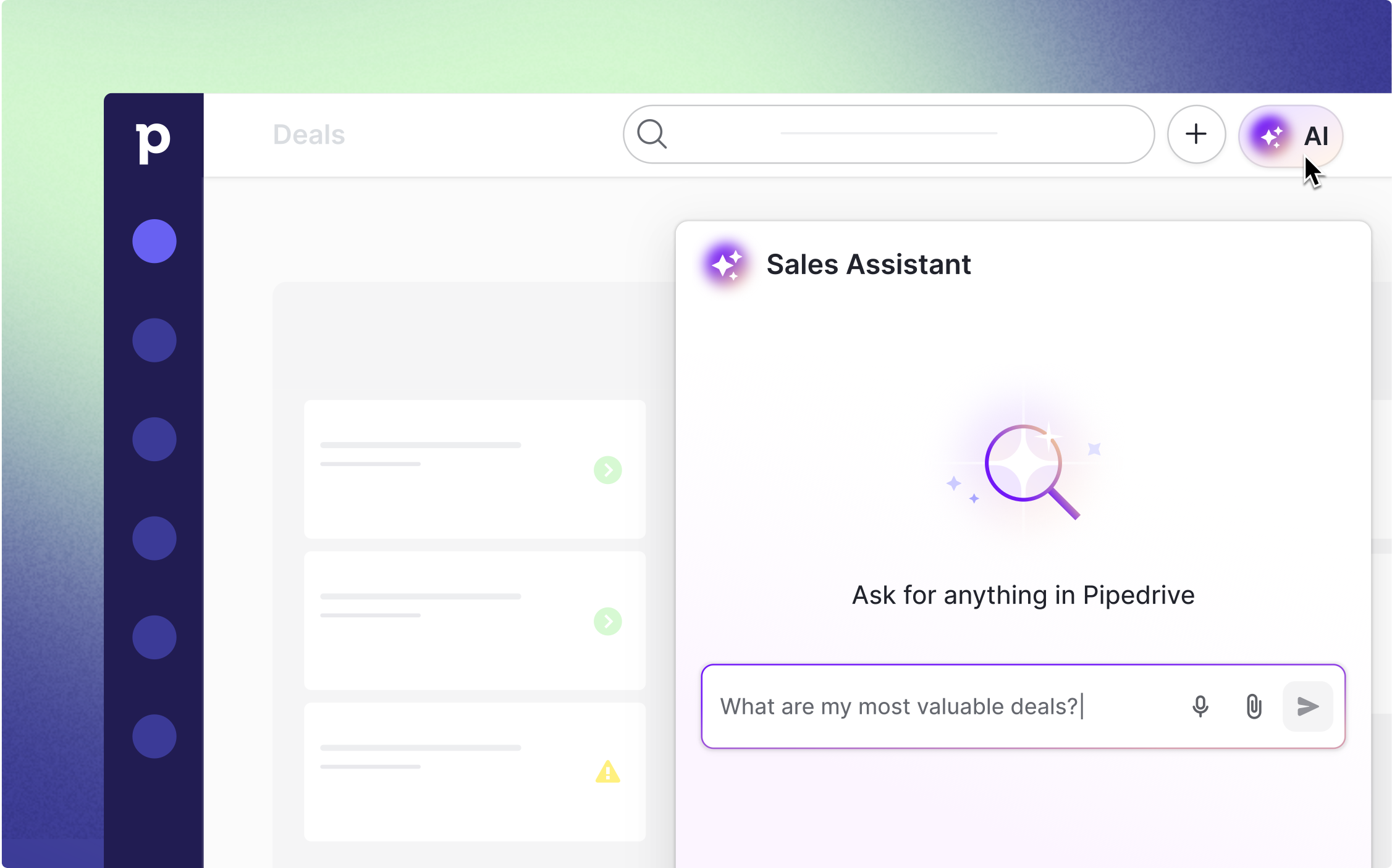 Pipedrive dashboard, ai button and ai sales assistant
