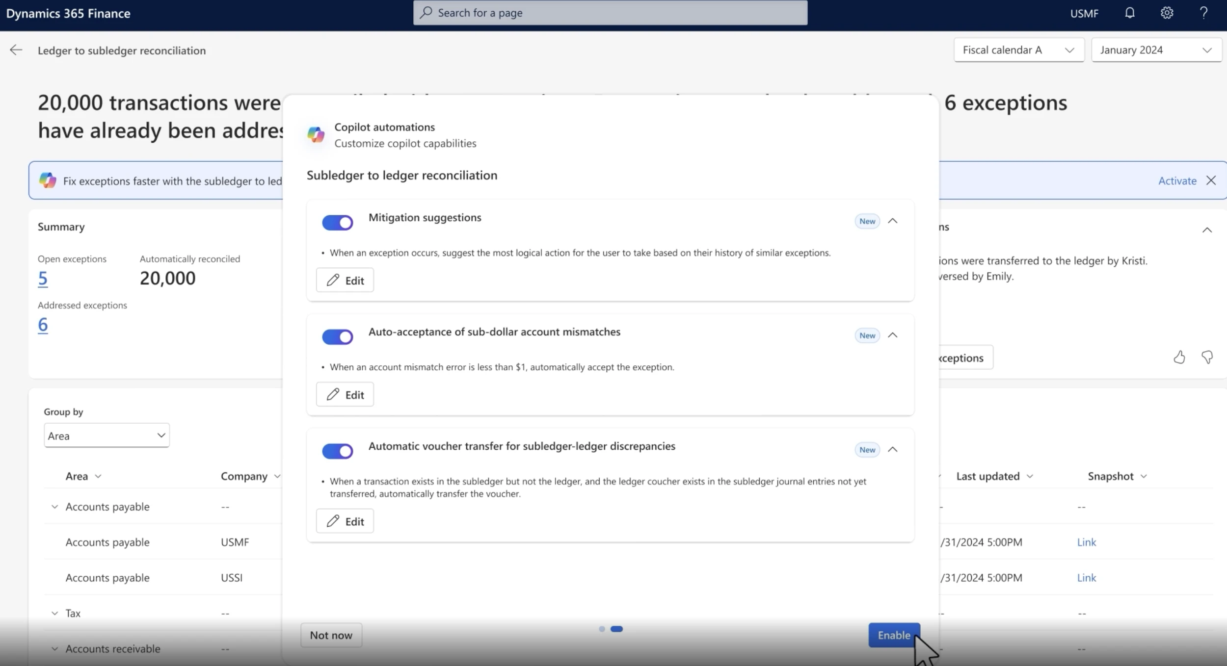 Dynamics 365 account reconciliation agent dashboard showing Copilot automation capabilities.