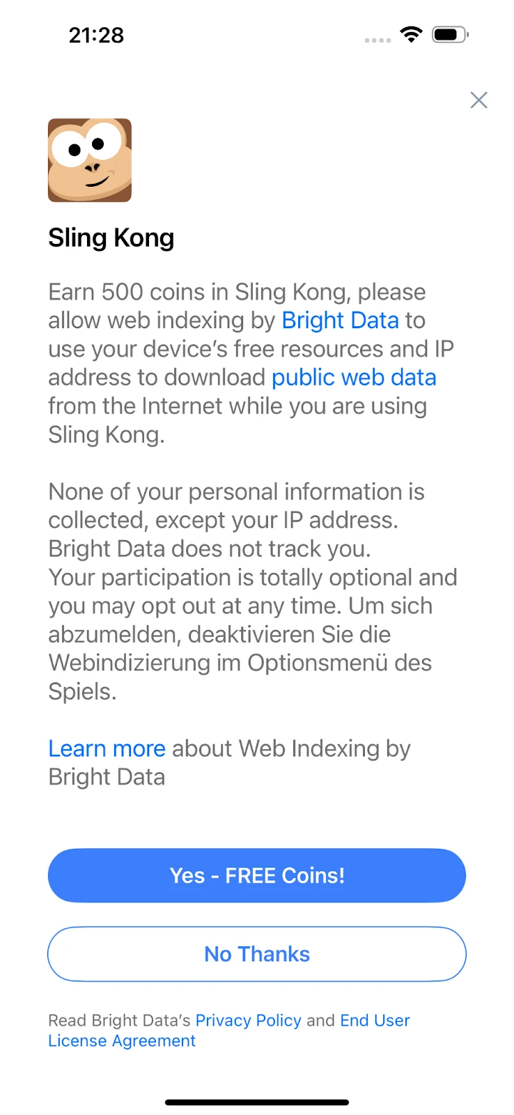Oferta del juego móvil Sling Kong mostrada durante la partida: se ofrecen al jugador 500 monedas del juego por permitir que la indexación web de Bright Data utilice los recursos libres y la dirección IP del dispositivo.