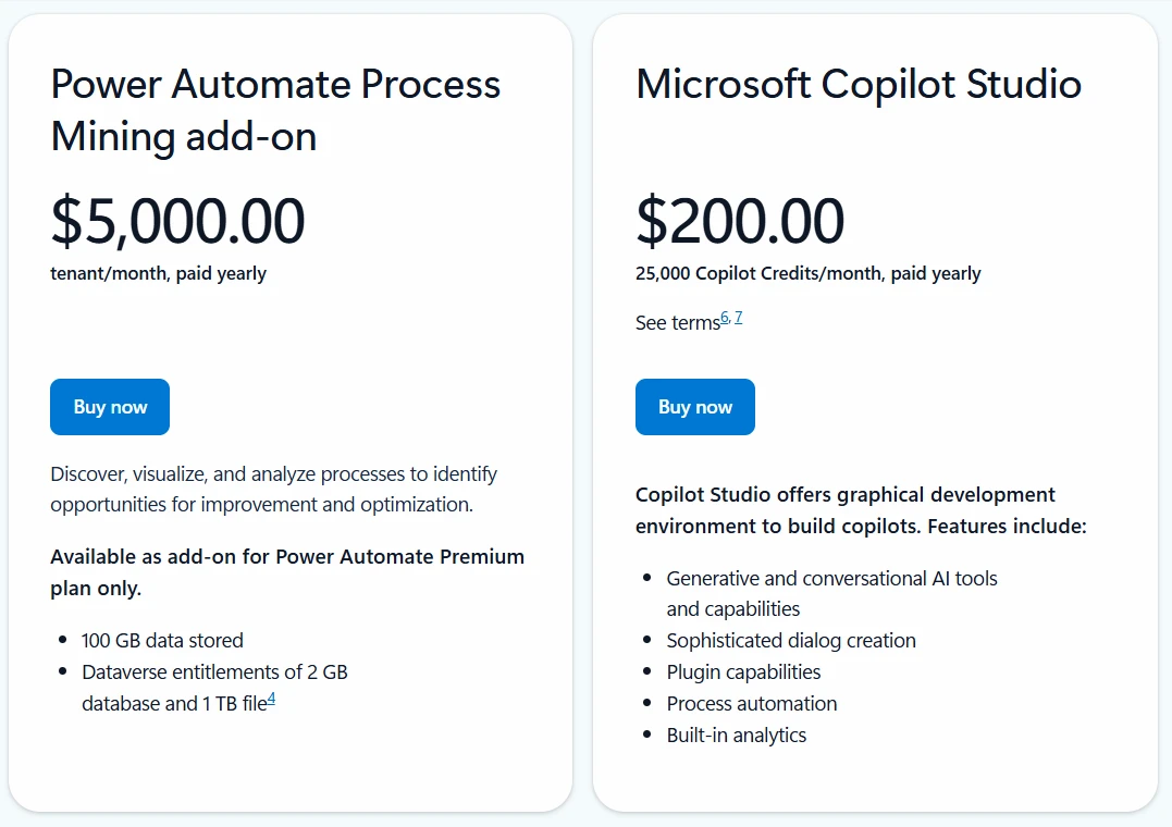 adds-on rpa pricing of Microsoft