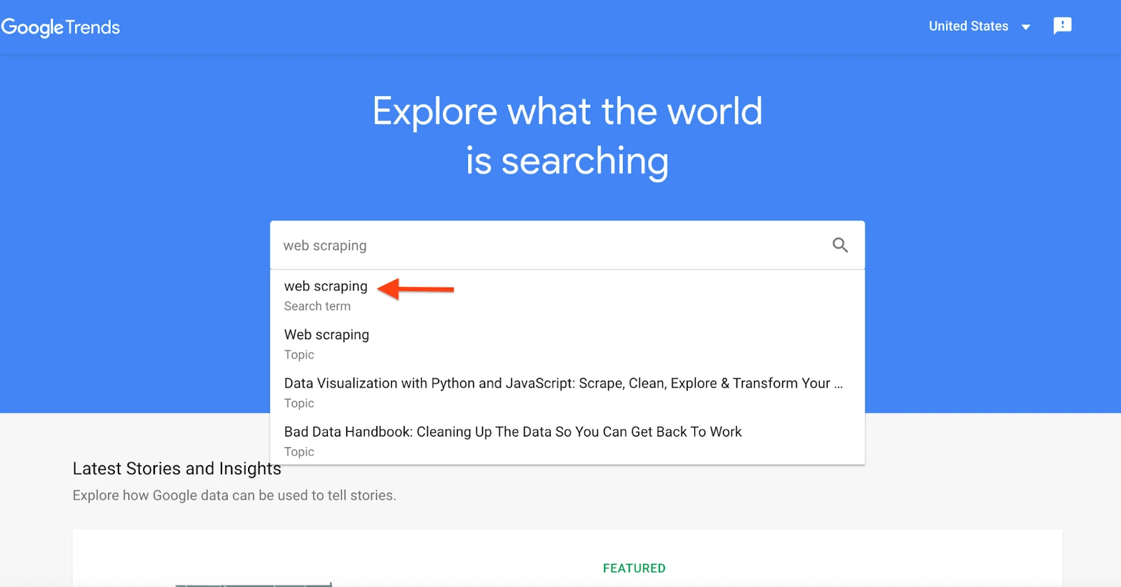 Google Resultados de búsqueda de tendencias para la consulta "web scraping".