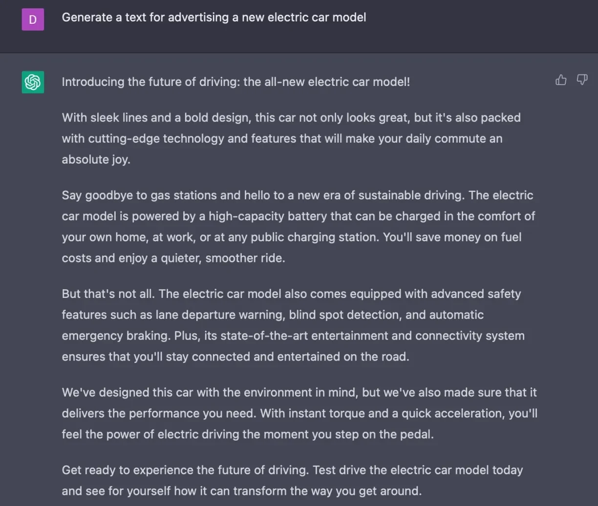 Um exemplo de conteúdo gerado por IA para anunciar um novo modelo de carro elétrico usando o ChatGPT. Um exemplo de conteúdo gerado por IA para anunciar um novo modelo de carro elétrico usando o ChatGPT.
