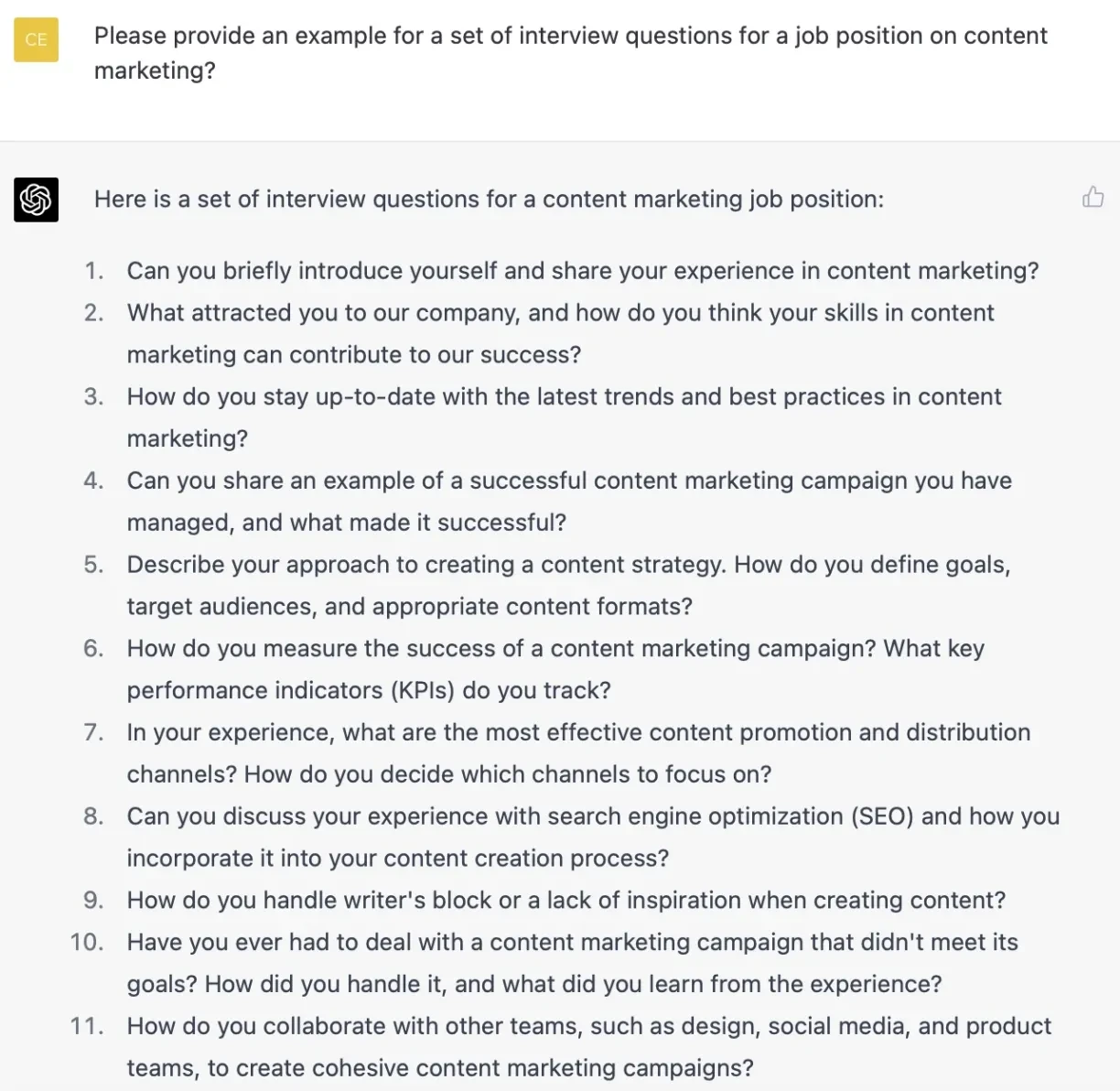 O ChatGPT cria um conjunto de perguntas de entrevista para uma vaga de emprego. O ChatGPT cria um conjunto de perguntas de entrevista para uma vaga de emprego.