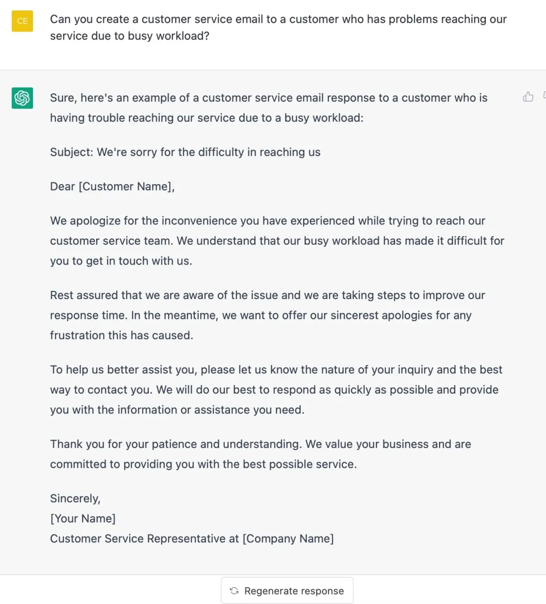 ChatGPT provides an email template for a certain customer problem.