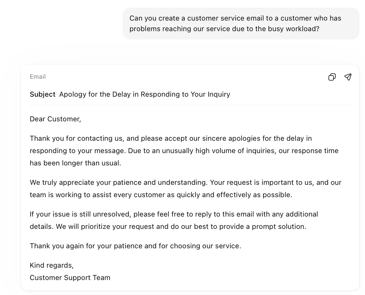 ChatGPT fornisce un modello di email per un problema specifico del cliente