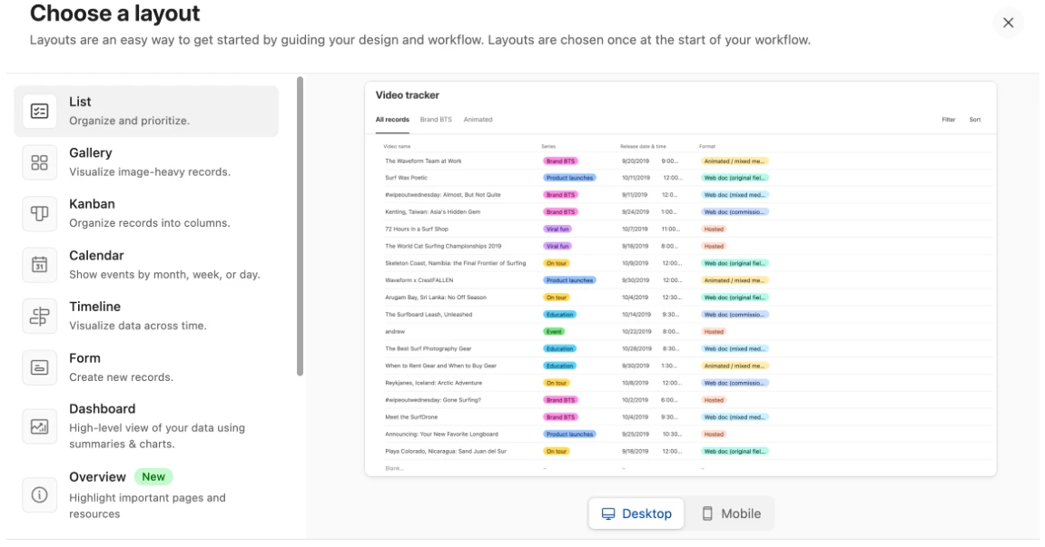 La imagen muestra cómo agregar una capa al panel de control en Airtable Layout. Airtable es un software de automatización de TI.