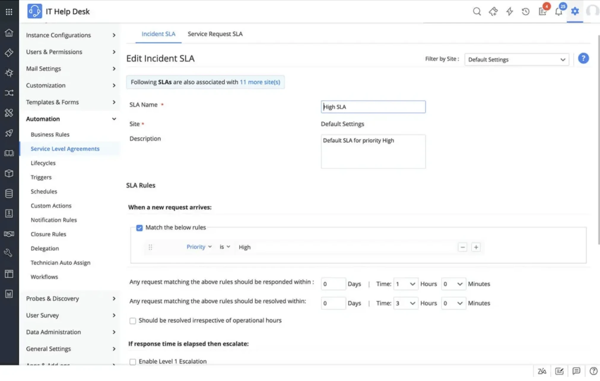 The image shows how to manage SLAs on the IT automation software.
