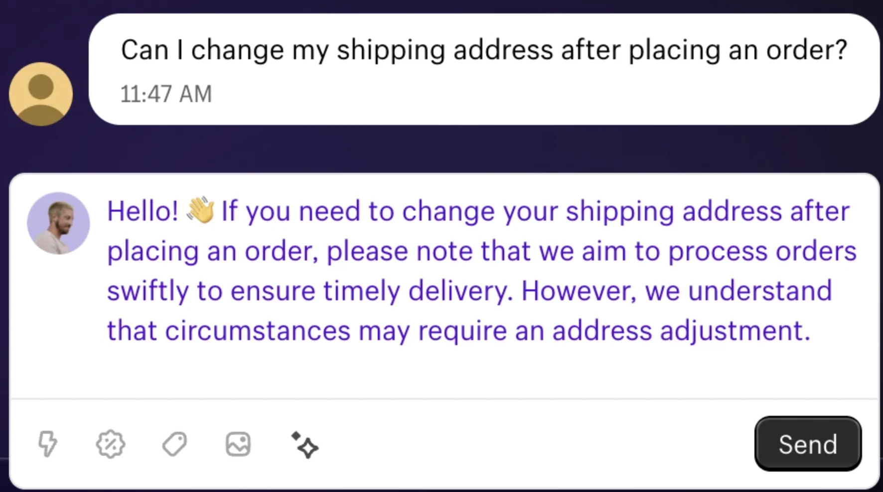 Shopify reply generation example