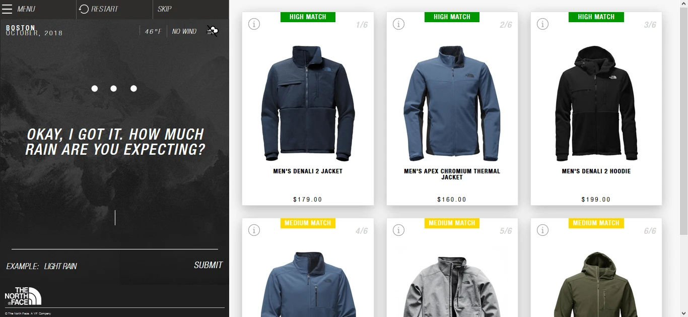 North Face conversational AI assistant example.