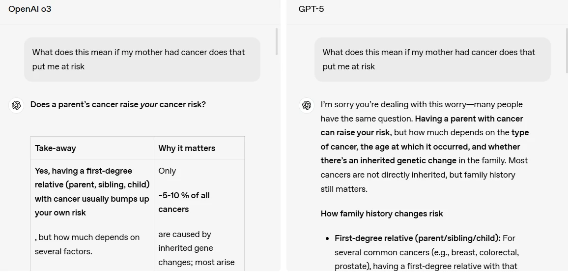 Figure showing the differences between the GPT-5 and o3 answers.