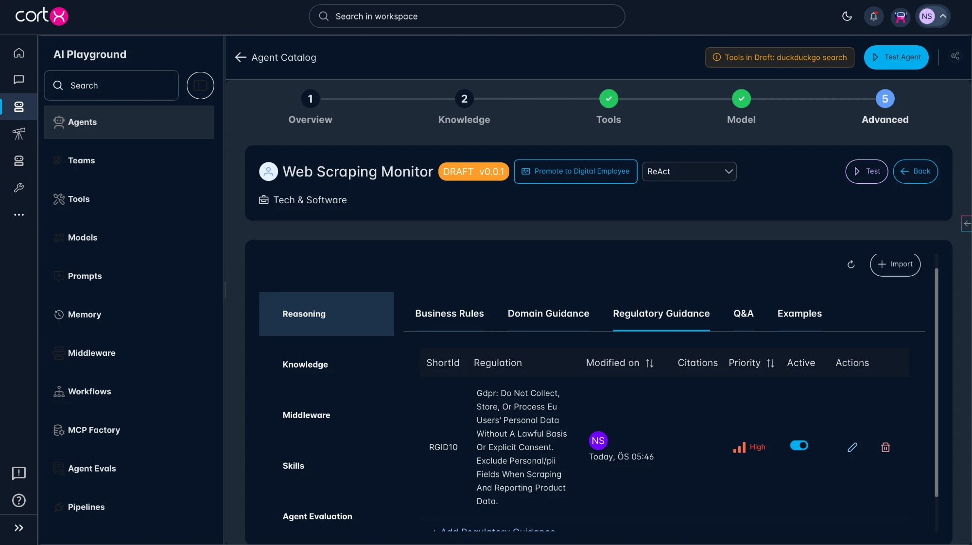 CortX Regulatory Guidance screen showing a GDPR compliance rule bound to an agent, with its short ID, high priority, active status, and the name and timestamp of who created it.