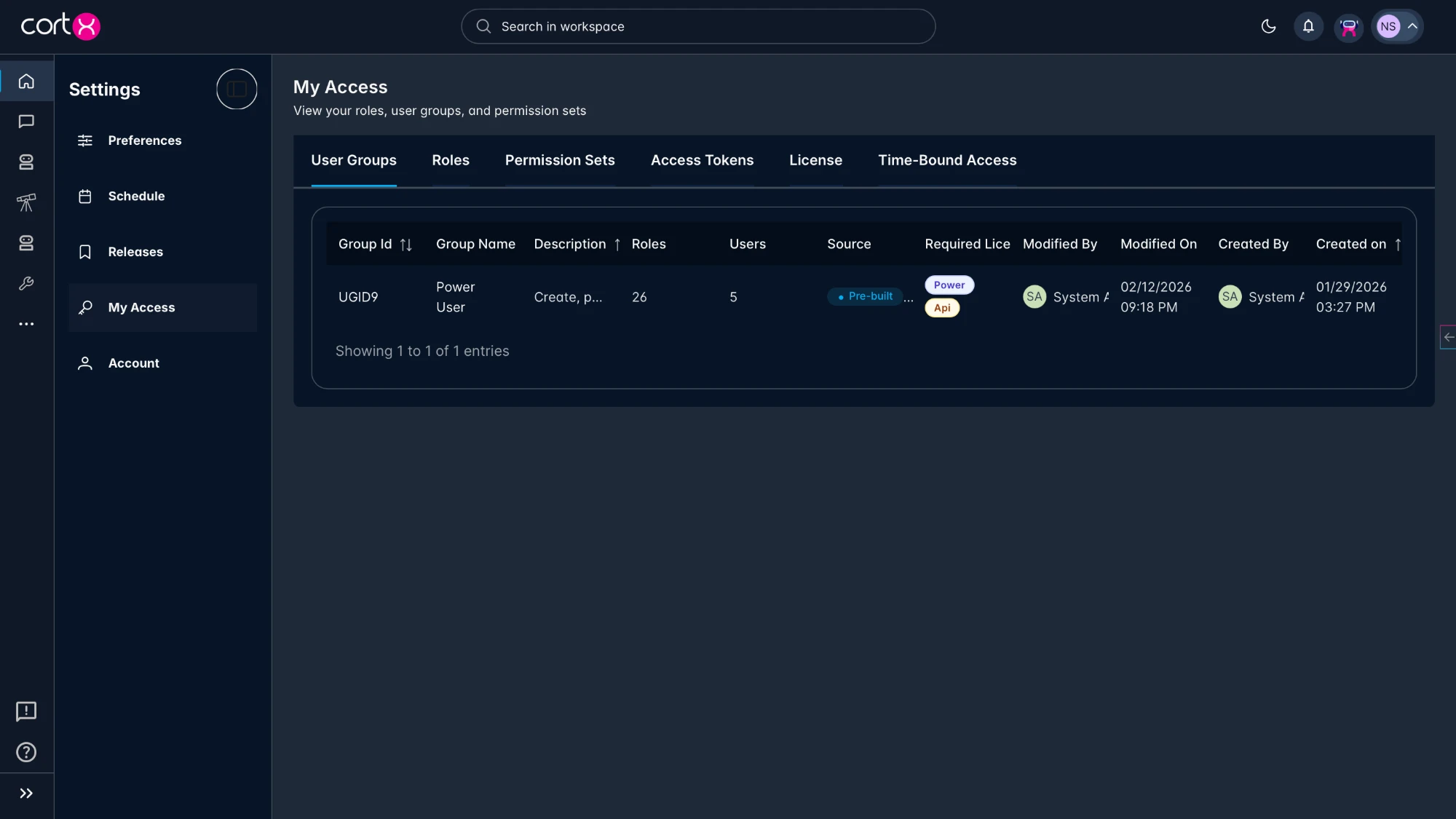 CortX My Access screen showing user groups, roles, permission sets, access tokens, licensing, and time-bound access.