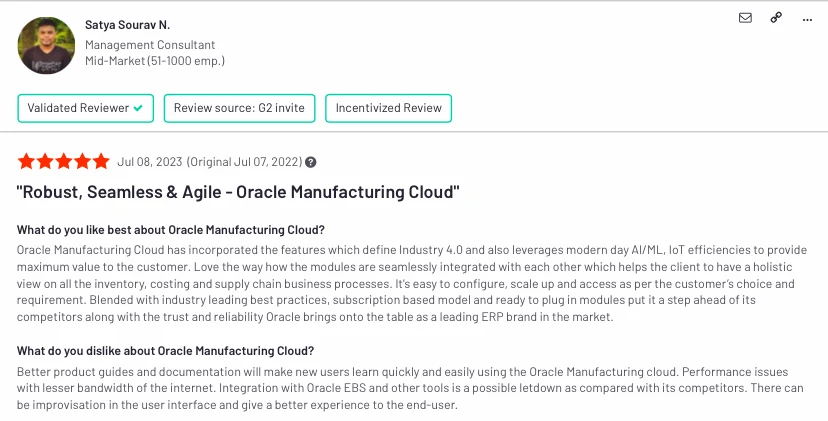 The image shows the pros and cons from a user review for Oracle Manufacturing cloud, one of the big tech manufacturing AI solutions. The image shows the pros and cons from a user review for Oracle Manufacturing cloud, one of the big tech manufacturing AI solutions.