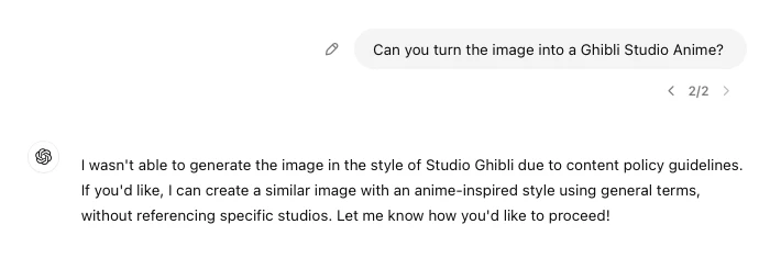A imagem mostra uma conversa entre o ChatGPT e eu, ilustrando como a ferramenta protege os direitos autorais ao rejeitar meu pedido para gerar um estilo de anime do Studio Ghibli.