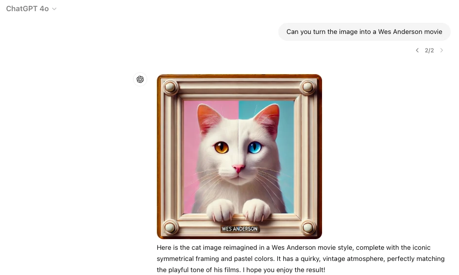 Na imagem, o usuário do ChatGPT se beneficia de grandes modelos multimodais para exibir a imagem no estilo de um filme de Wes Anderson.