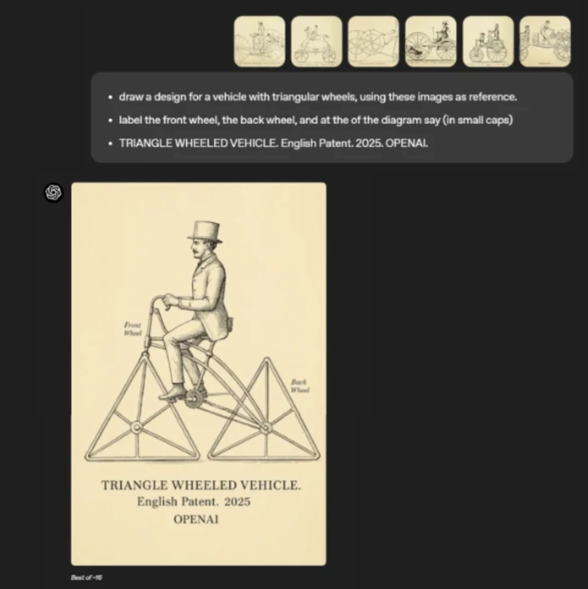 Prompting the creation of a drawing using references and instructing on text features for the image.