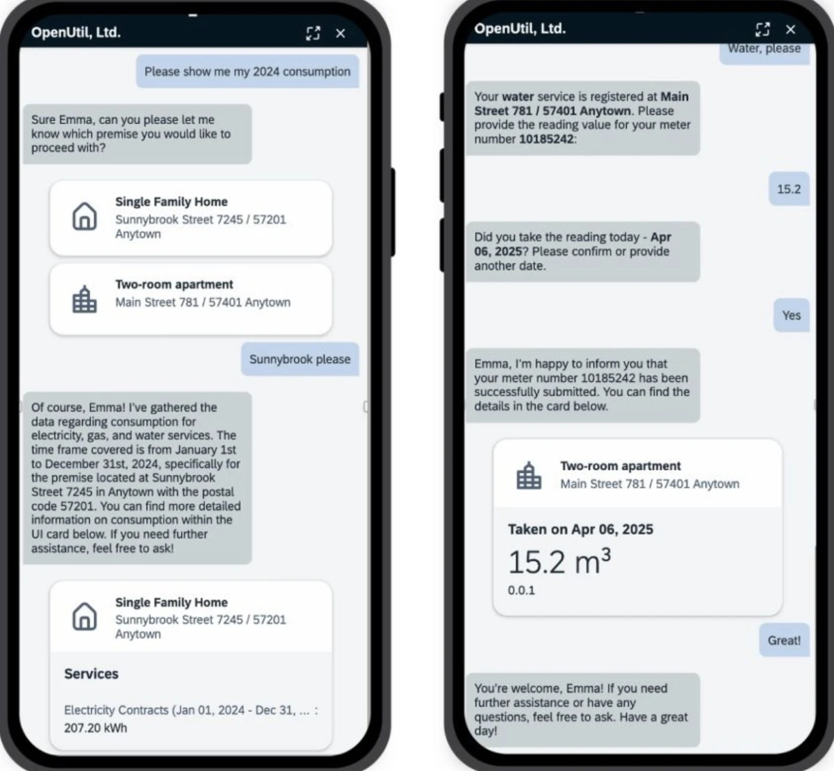 Utilities Customer Self-Service Agent demo user interface Utilities Customer Self-Service Agent demo user interface