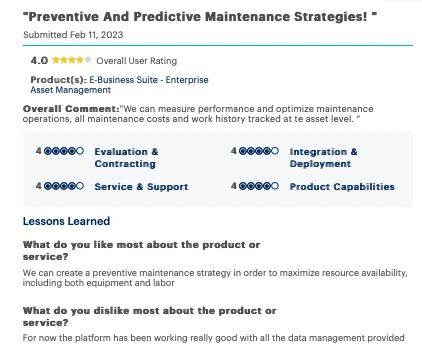 Another user review showing the unique capabilities of Oracle EAM.