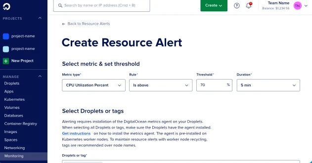 A imagem mostra como definir limites e receber notificações na plataforma da DigitalOcean. A imagem mostra como definir limites e receber notificações na plataforma da DigitalOcean.