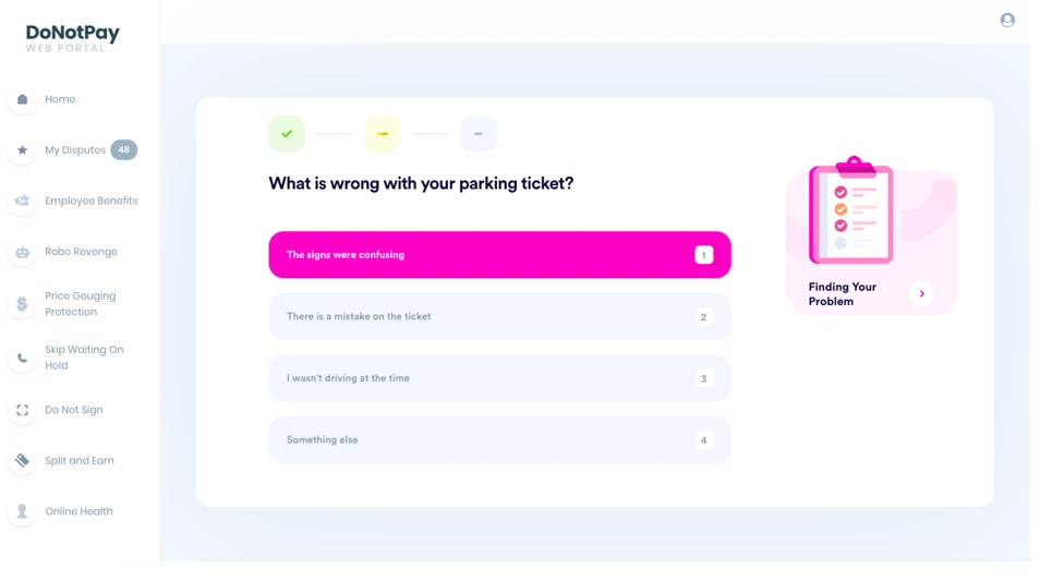 Ejemplo de la plataforma DoNotPay que muestra cómo resolver un problema legal en su plataforma.