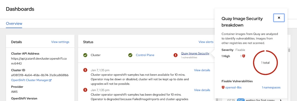 A imagem é um exemplo do painel do OpenShift sinalizando vulnerabilidades detectadas em contêineres. A imagem é um exemplo do painel do OpenShift sinalizando vulnerabilidades detectadas em contêineres.