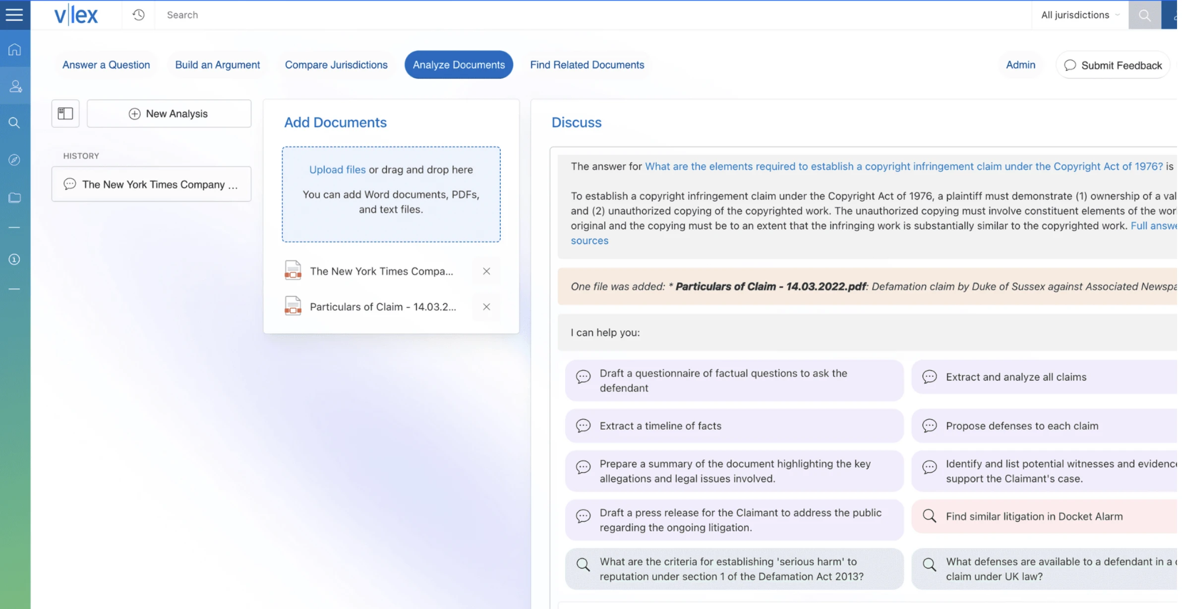 Vincent AI provided by vLex is a legal AI software. The image shows an example of its dashboard
