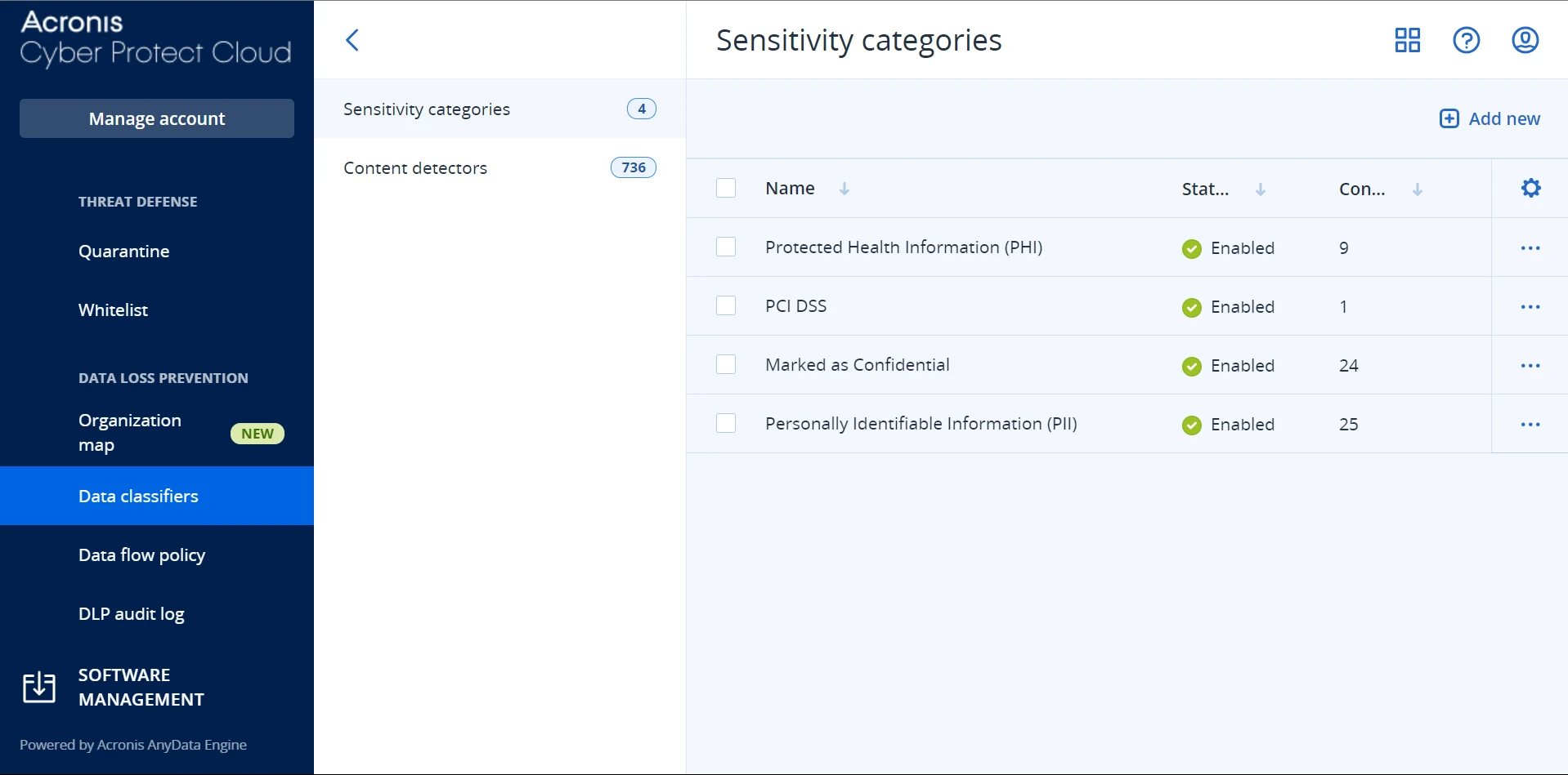 Screenshot der Acronis-Plattform für den DLP-Testbericht. Screenshot der Acronis-Plattform für den DLP-Testbericht.