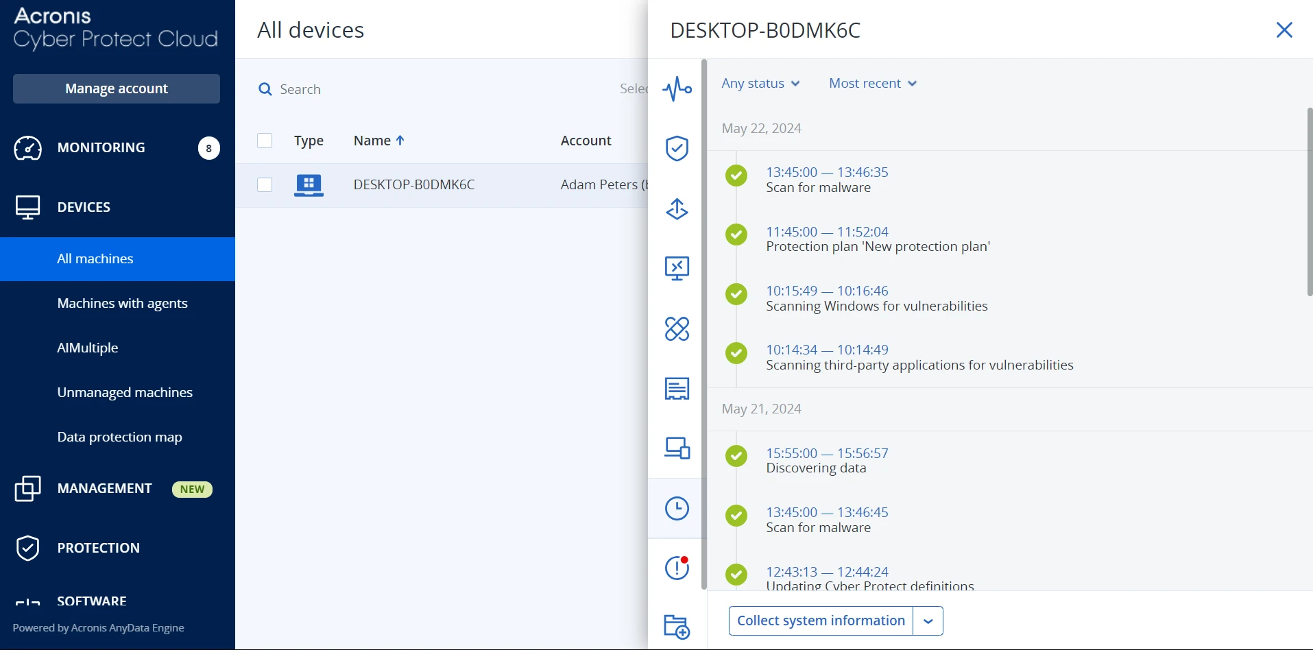 Screenshot der Acronis-Plattform für den DLP-Testbericht. Screenshot der Acronis-Plattform für den DLP-Testbericht.
