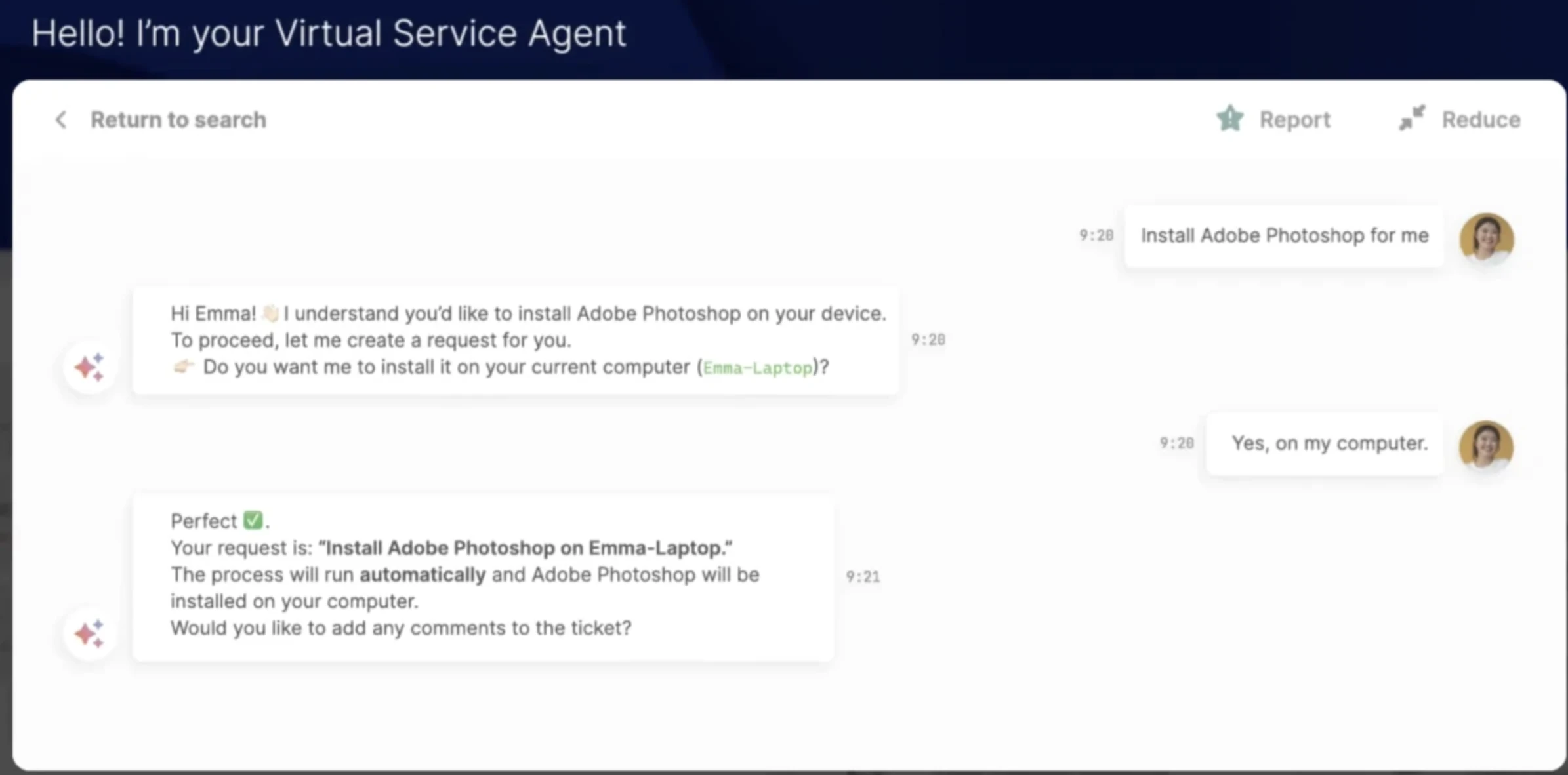 InvGate virtual service agent chat interface.