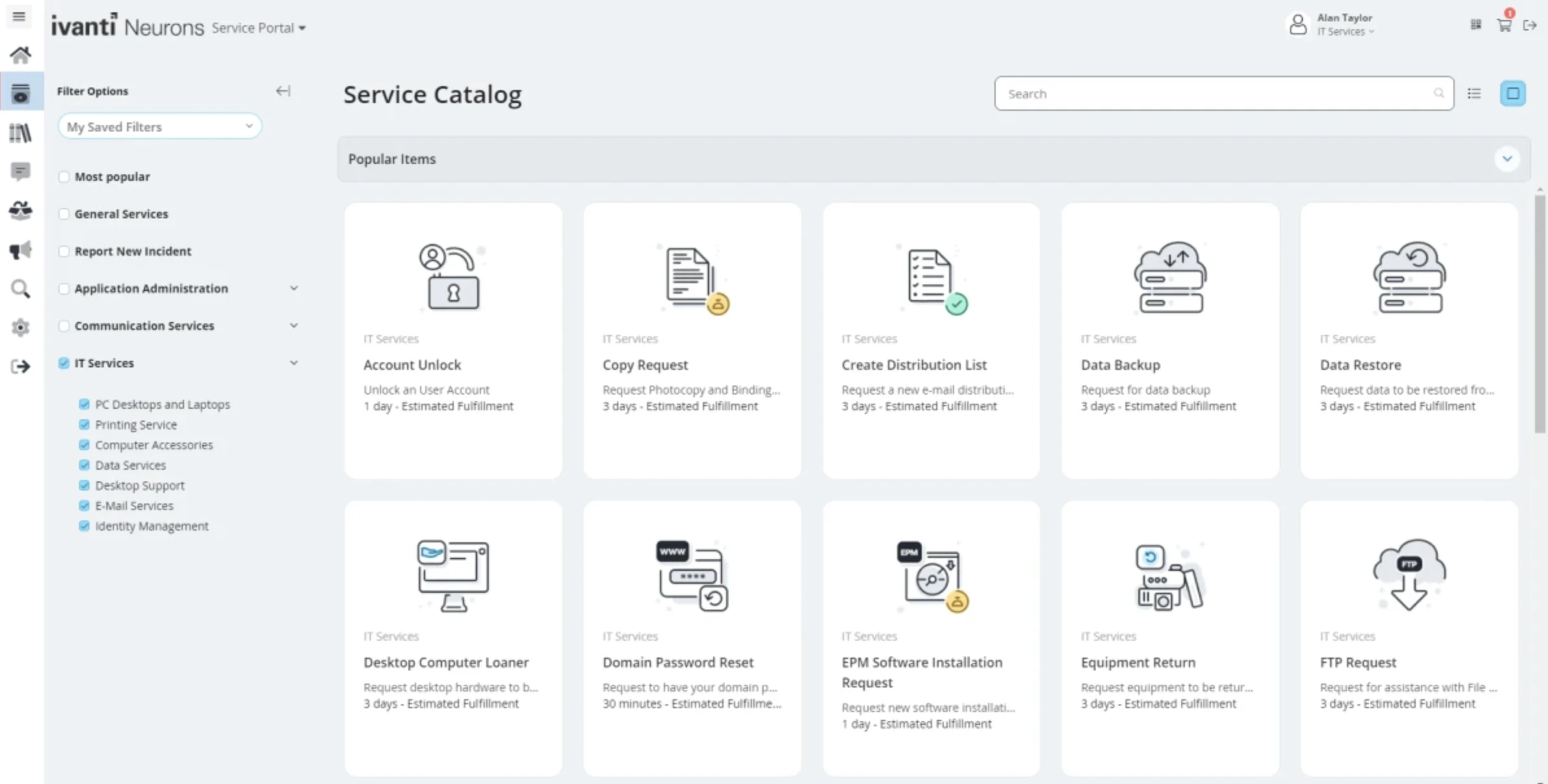 Ivanti Neurons self service catalog dashboard.