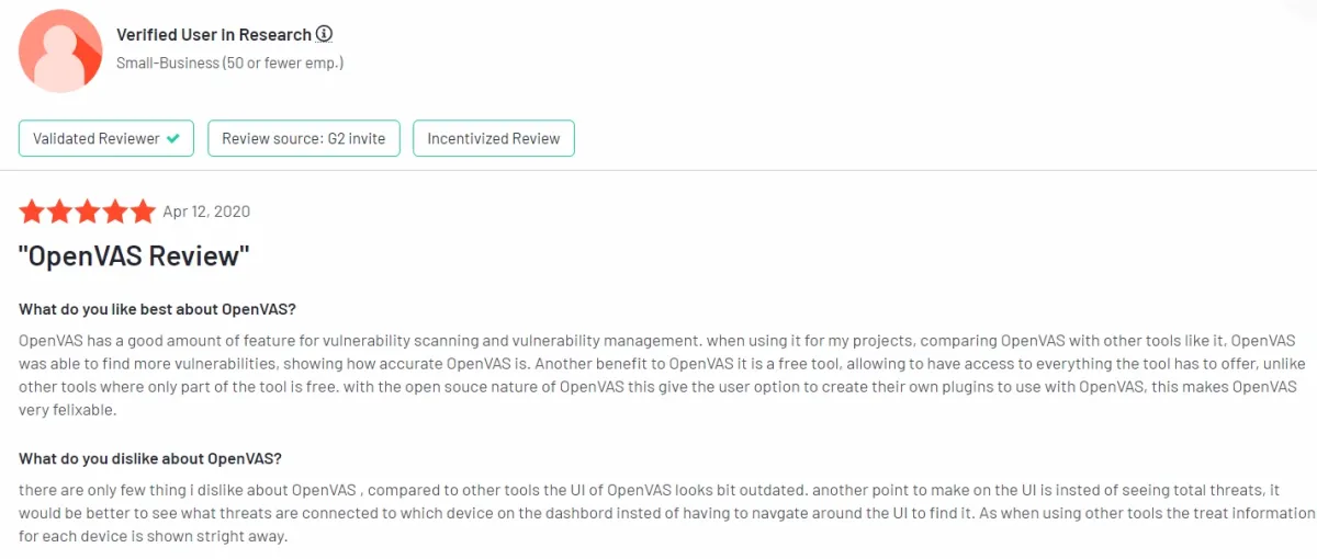 This image shows a user review of OpenVas, one of the open source firewall audit tool