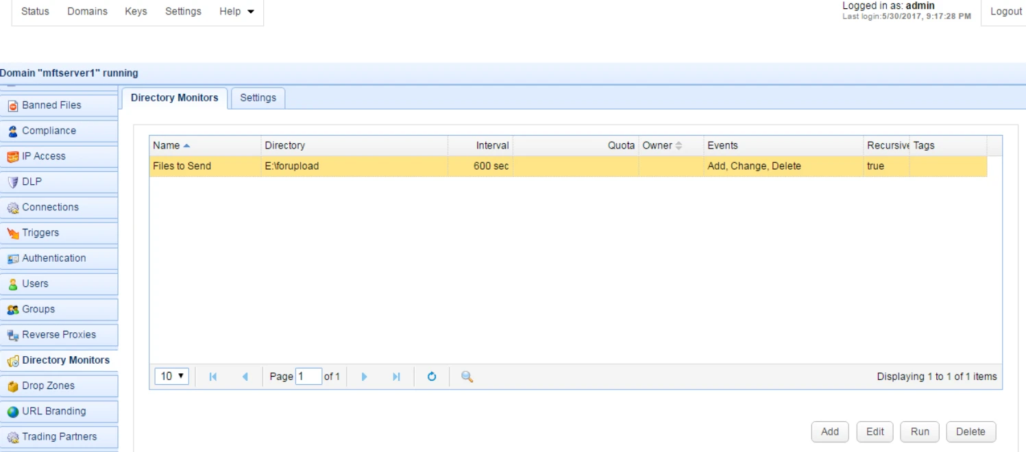 The image is a screenshot from an MFT tool user interface. It shows the monitoring screen where the user can track file transfers that happened or will happen.