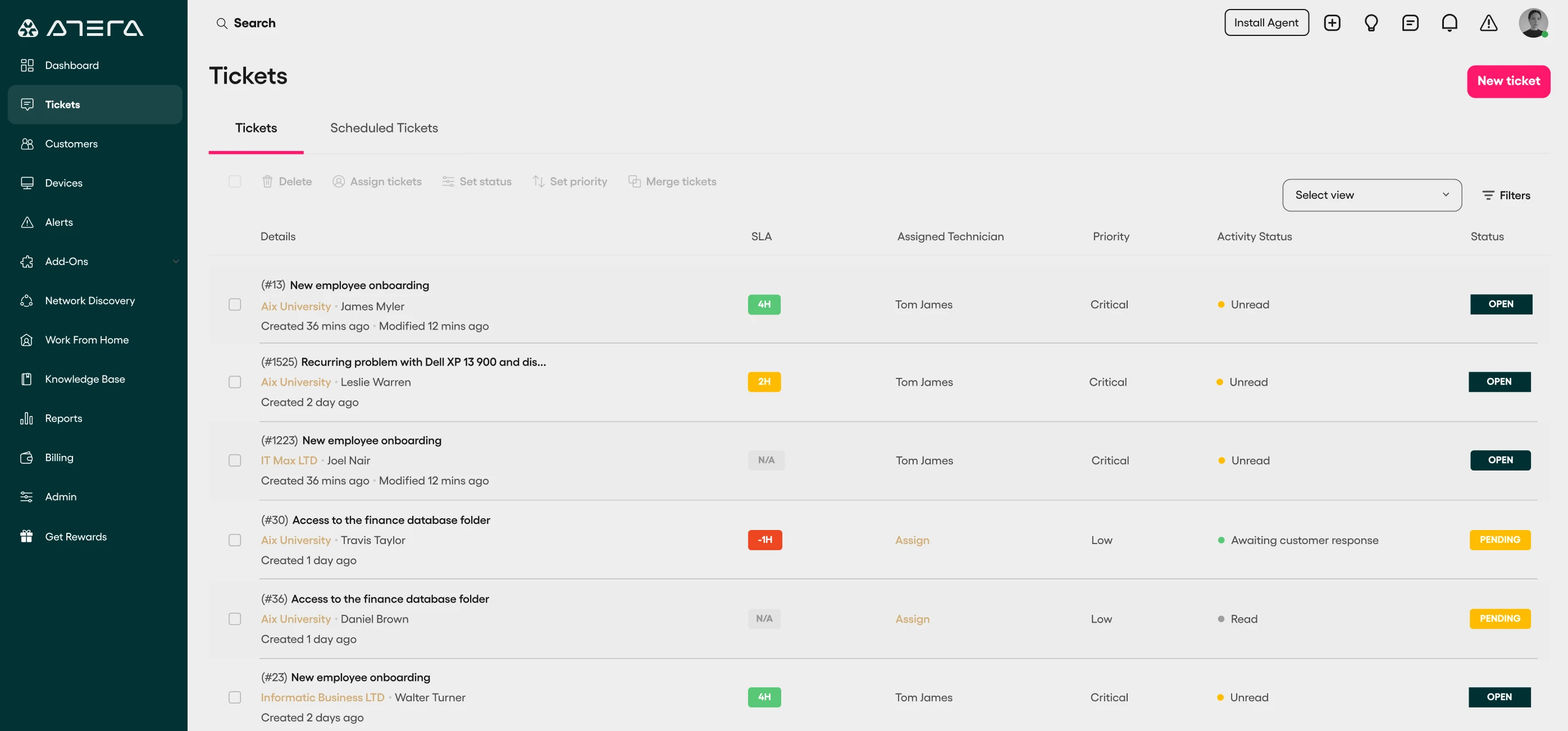 Panel de control de Atera para la gestión de servicios de TI (ITSM).