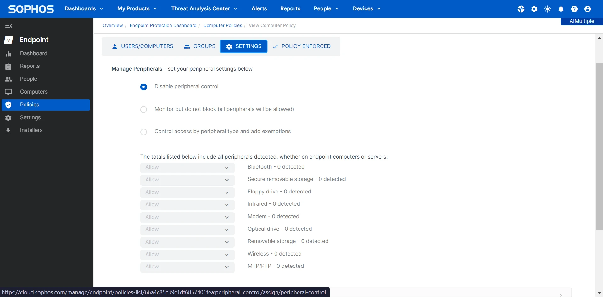 Ein Screenshot mit allen für den DLP-Test von Sophos aufgeführten Gerätetypen. Ein Screenshot mit allen für den DLP-Test von Sophos aufgeführten Gerätetypen.