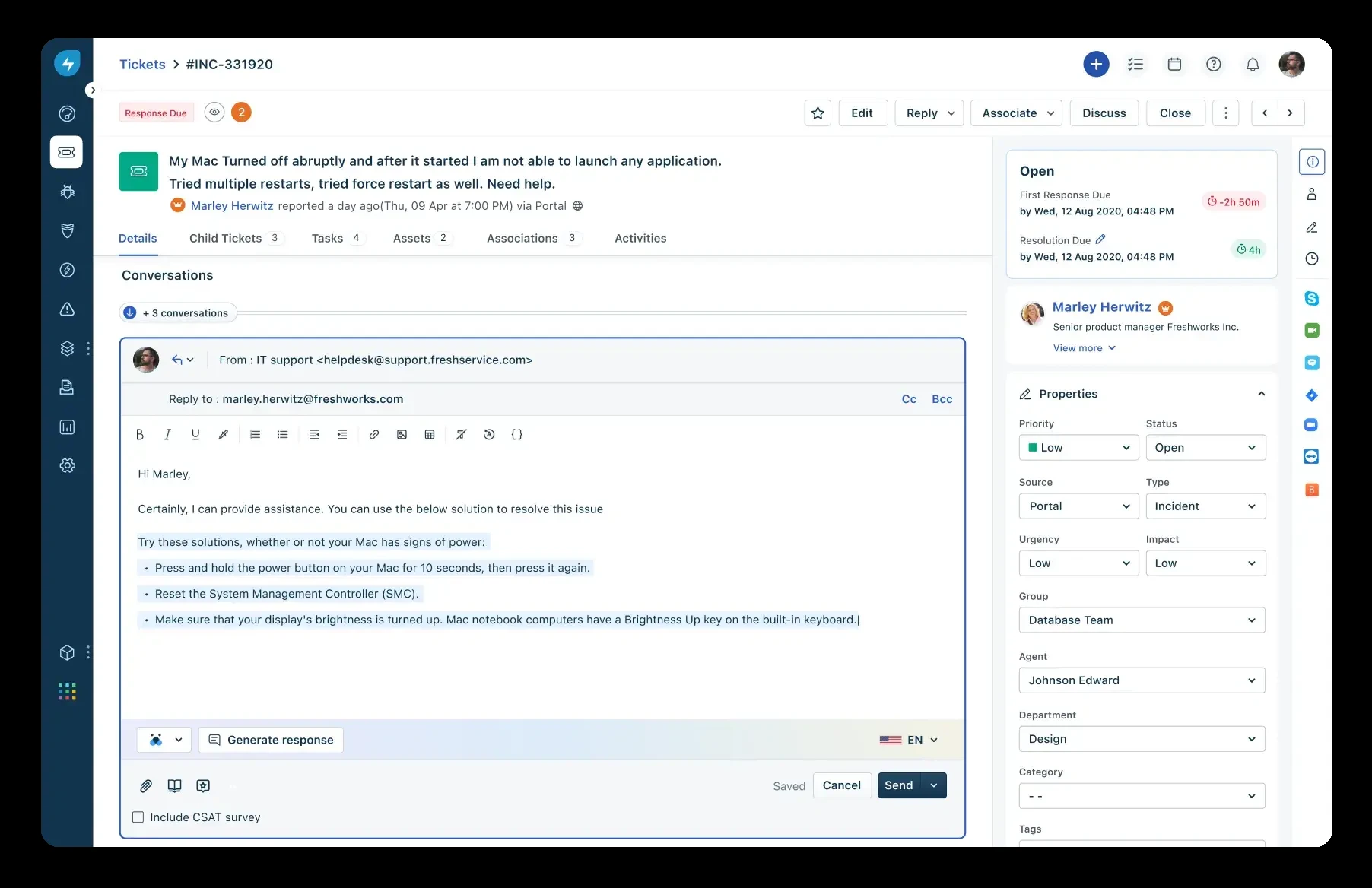 La IA integrada en la gestión de servicios de TI (ITSM) de Freshservice incluye el panel de control Freddy AI Copilot.