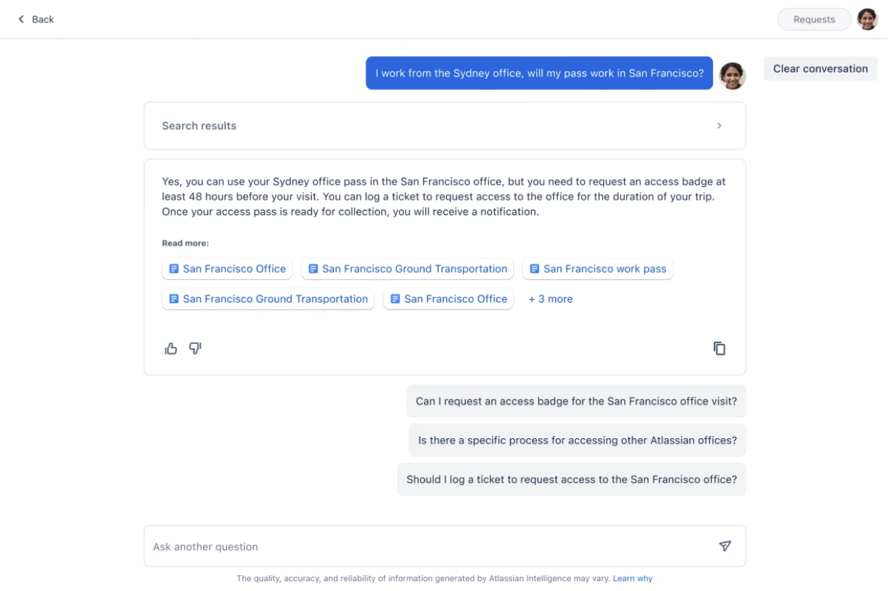 Jira AI en el panel de soporte de autoservicio de ITSM.