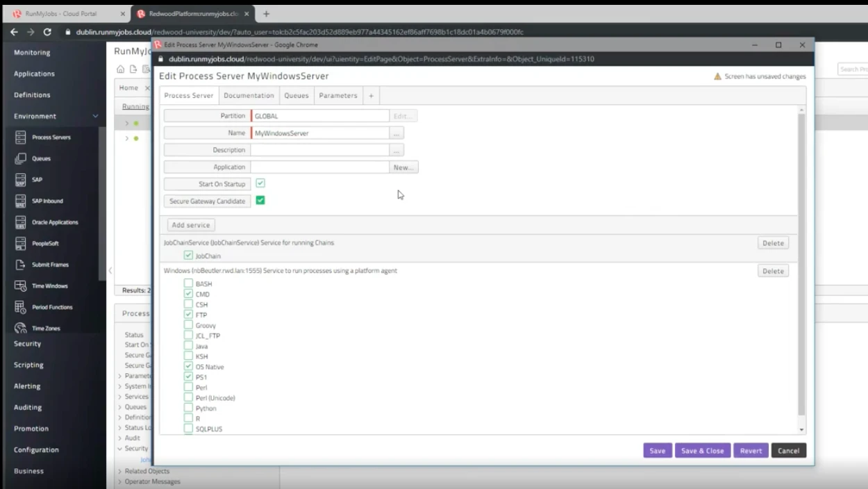 Das Bild stammt aus dem Dashboard von RunMyJobs und veranschaulicht, wie ein Windows-Server als sicheres Gateway zugewiesen wird. Das Bild stammt aus dem Dashboard von RunMyJobs und veranschaulicht, wie ein Windows-Server als sicheres Gateway zugewiesen wird.