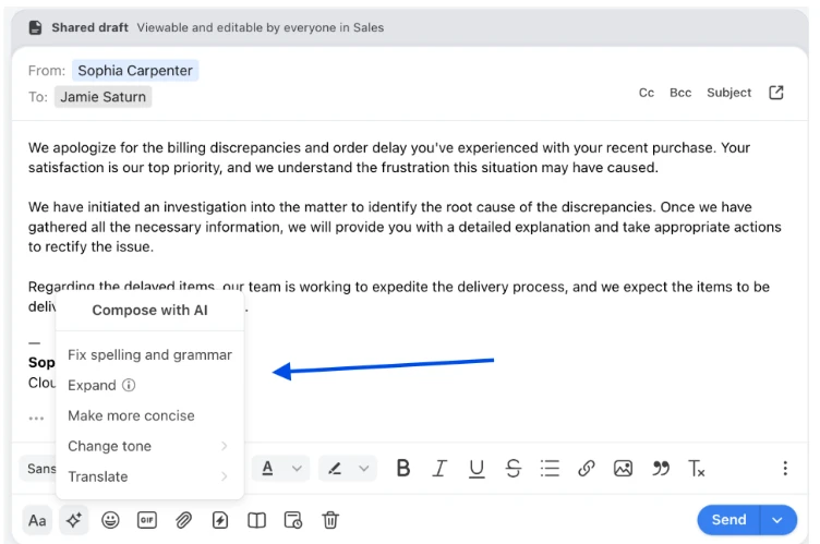 Front's email generation feature