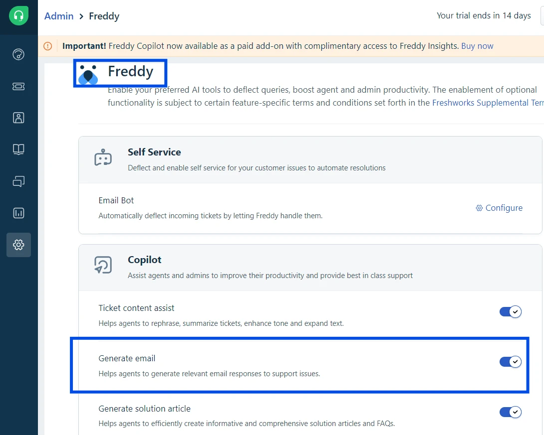 Esempio di generazione di email con Freddy AI Copilot