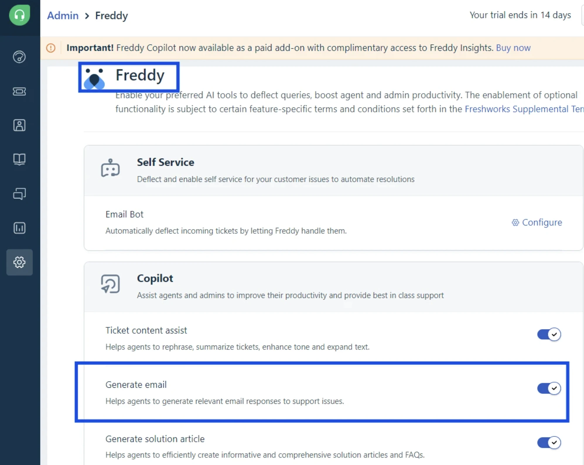Freddy AI Copilot email generation example
