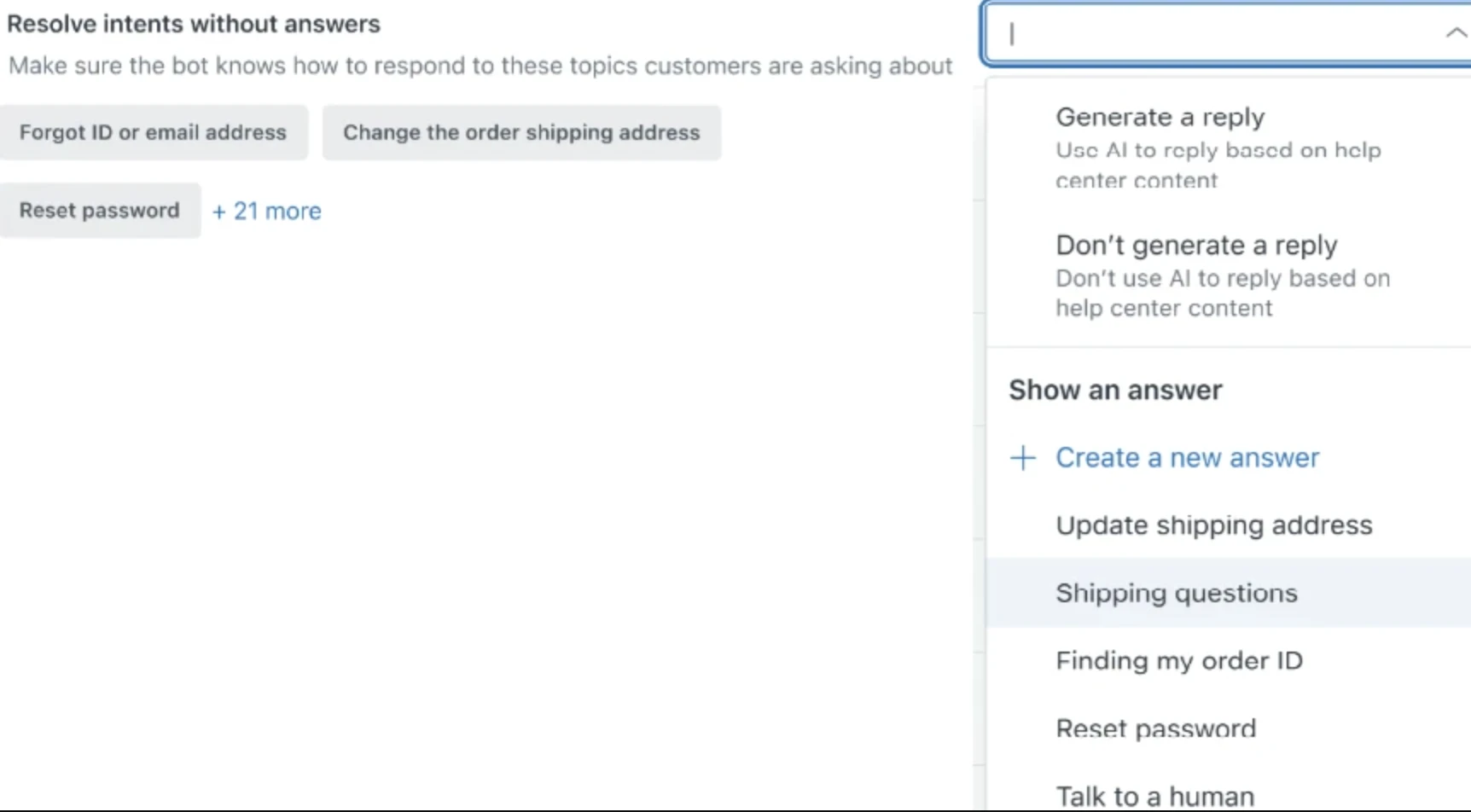 Figure showing top customer intents without answers and linking them to answers.