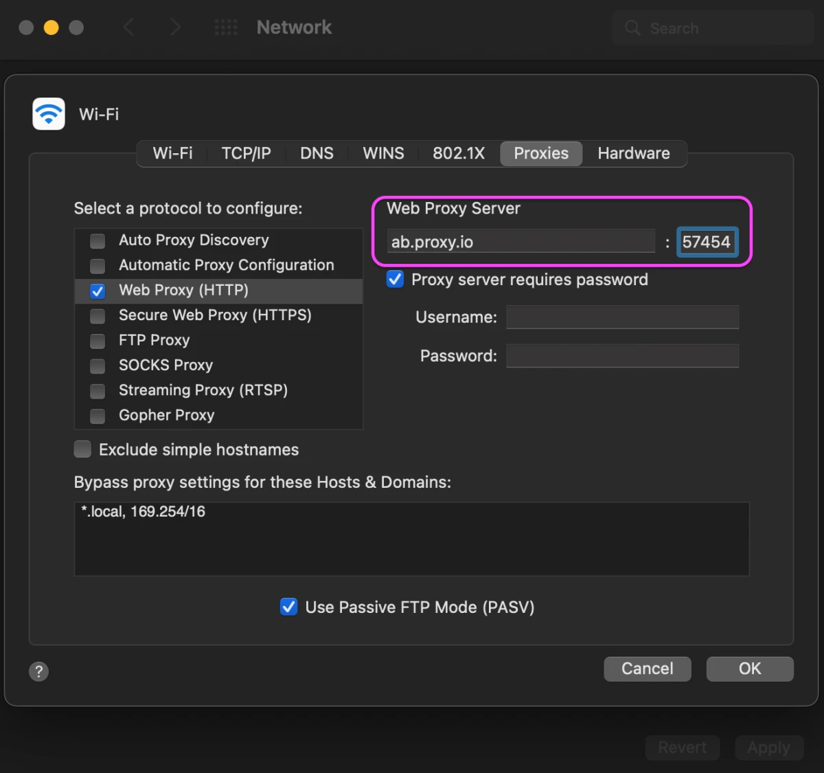 macOS Web Proxy (HTTP) settings with proxy server address and port entered in the Proxies tab.