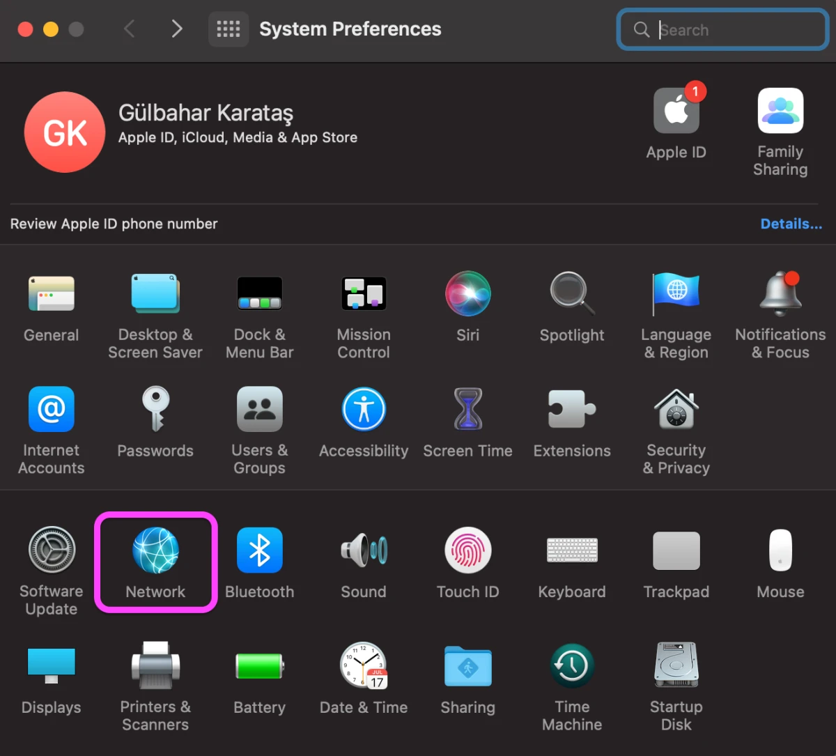 macOS System Preferences window with the Network icon highlighted for configuring proxy settings.