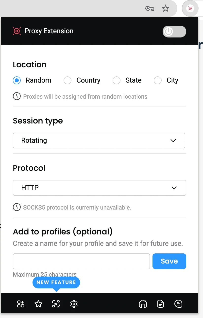Decodo proxy Chrome extension with location and rotating session settings.