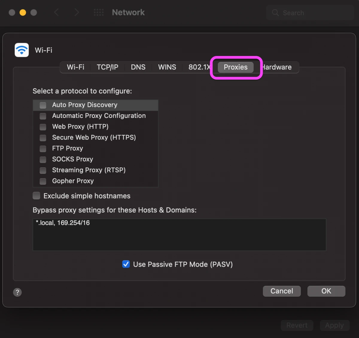 macOS Network settings Proxies tab showing options to configure HTTP, HTTPS, SOCKS, and other proxy types.